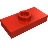 Red LEGO Plate, Modified 1 x 2 with 1 Stud with Groove (Jumper), on a white background.
