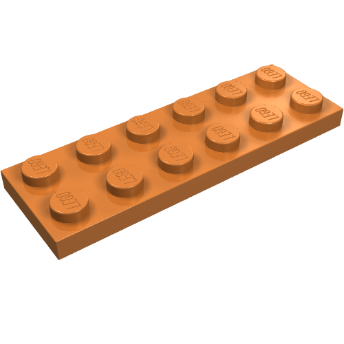 Orange LEGO Plate 2x6, part 3795, with LEGO logo on studs on a white background.