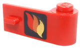 Red LEGO Door 1 x 3 x 1 Right with a black square fire logo containing red and yellow flames.