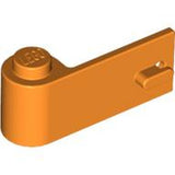 An orange LEGO door 1x3x1 left, featuring a stud with 'LEGO' print and a small handle on the side.