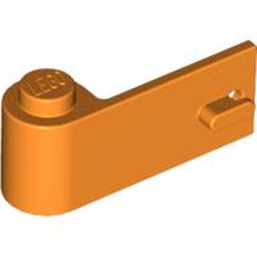 An orange LEGO door 1x3x1 left, featuring a stud with 'LEGO' print and a small handle on the side.
