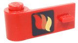 Red LEGO 1x3x1 left door with stud, featuring a classic fire logo print (red and yellow flames on black background).