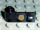 Black LEGO door 1x3x1 left with a gold World City Police badge pattern (88) sticker on a light grey baseplate.