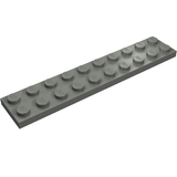 A single gray LEGO Plate 2x10, viewed from an angle, showcasing its 20 studs with 'LEGO' branding.