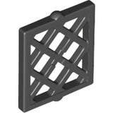 LEGO 38320 dark gray 1x2x2 window pane with a diamond lattice pattern, shown at an angle on a white background.