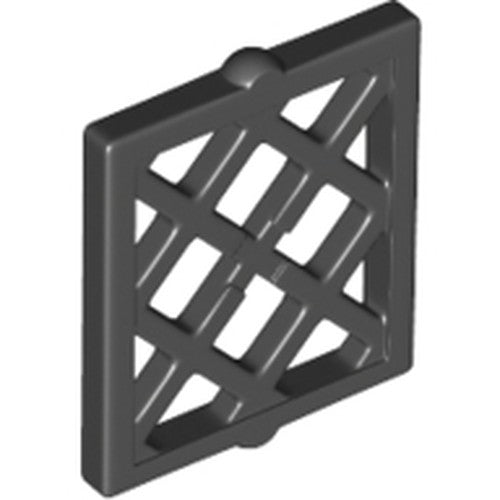 LEGO 38320 dark gray 1x2x2 window pane with a diamond lattice pattern, shown at an angle on a white background.
