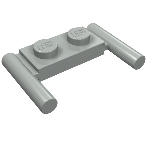 Light grey LEGO 1x2 modified plate with two bar handles with round ends, mid attachment.