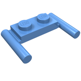 Light blue LEGO 1x2 modified plate with two top studs and bar handles extending from each end, flat ends, low attachment.
