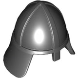 LEGO dark gray minifigure helmet with nasal protection and angled neck protector, shiny surface