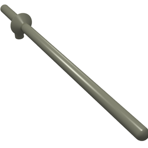 A dark grey LEGO Minifigure Weapon Lance, with a long shaft, a round hand guard, and a small connecting peg.