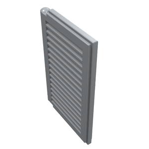 Grey LEGO 3856 1x2x3 window shutter with horizontal slats and a rounded top hinge, viewed at an angle.
