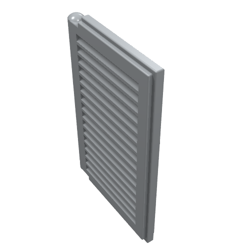 Grey LEGO 3856 1x2x3 window shutter with horizontal slats and a rounded top hinge, viewed at an angle.