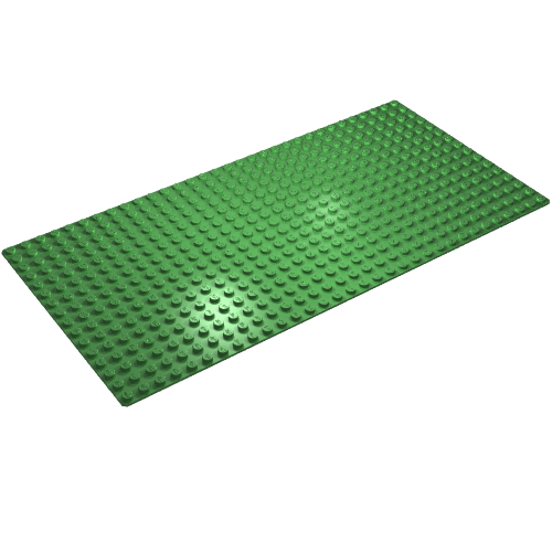Green LEGO 16x32 baseplate with visible studs, slightly angled on a white background.