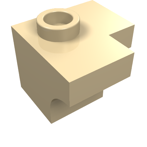 LEGO 38585 Arch 1 1/2 x 1 1/2 Corner brick in light tan, with one stud, an L-shaped top cut, and an arched bottom cut.