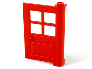 Red LEGO door 1x4x5 featuring four window panes, a handle, and a hinge element, against a clean white background.