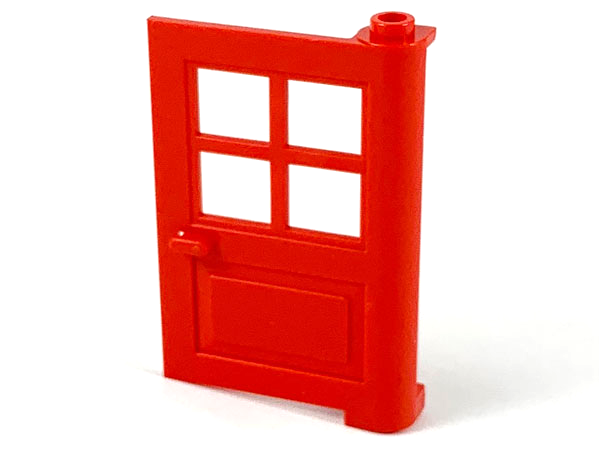 Red LEGO door 1x4x5 featuring four window panes, a handle, and a hinge element, against a clean white background.