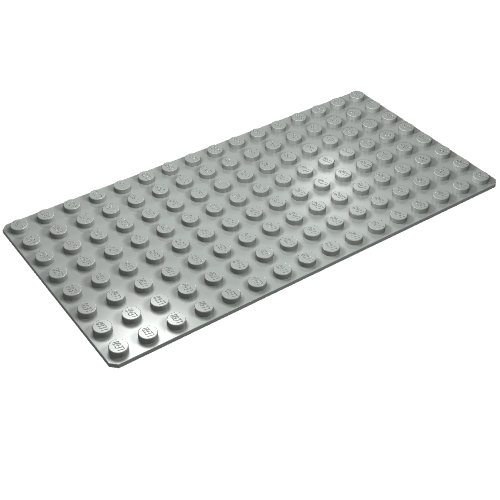 Gray LEGO 3865 8x16 baseplate with rows of studs, angled view, on a white background.