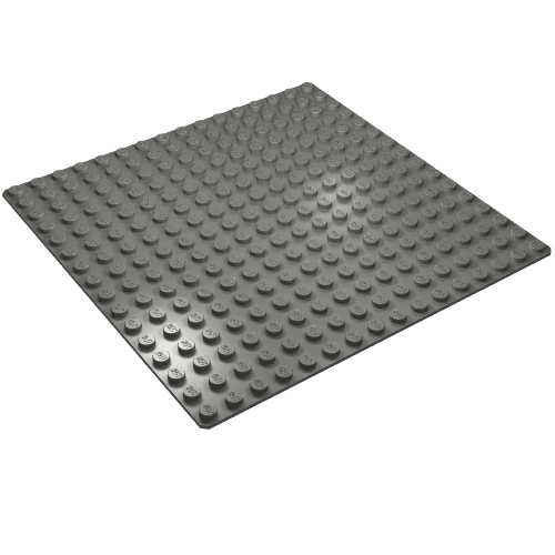 Dark gray LEGO 16x16 baseplate with numerous studs, seen from an angle on a white background.