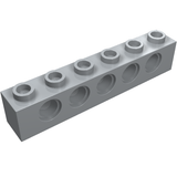 Light gray LEGO Technic Brick 1x6 with six studs on top and six circular pinholes through the side.