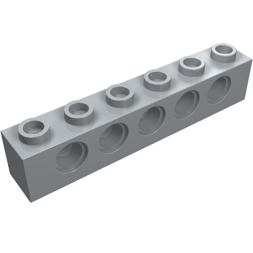 Light gray LEGO Technic Brick 1x6 with six studs on top and six circular pinholes through the side.