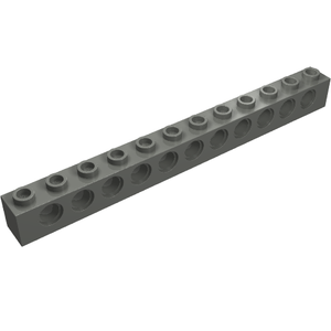 A single grey LEGO Technic Brick 1 x 12 with Holes, showing the top studs and side holes.