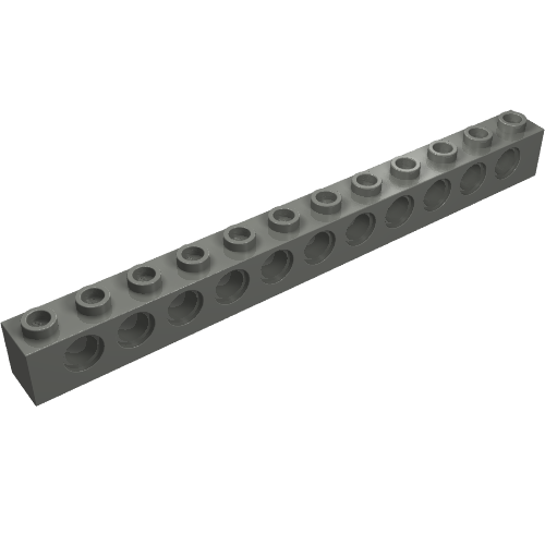 A single grey LEGO Technic Brick 1 x 12 with Holes, showing the top studs and side holes.
