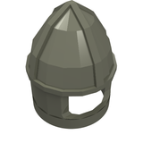 A gray LEGO minifigure castle helmet, pointed top, with a chin guard and eye slit.