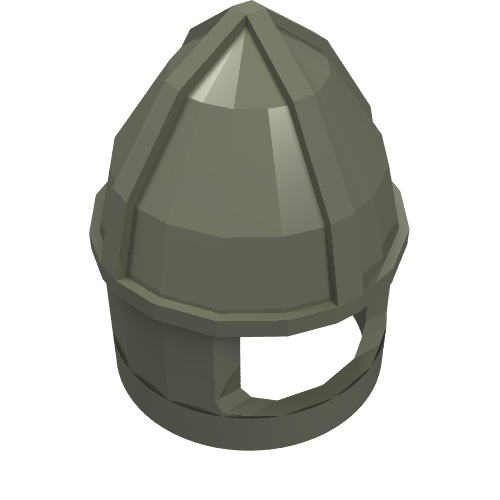 A gray LEGO minifigure castle helmet, pointed top, with a chin guard and eye slit.