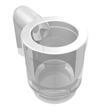 White, translucent LEGO Minifigure Utensil Cup with a handle, seen from a top-down angle on a white background.