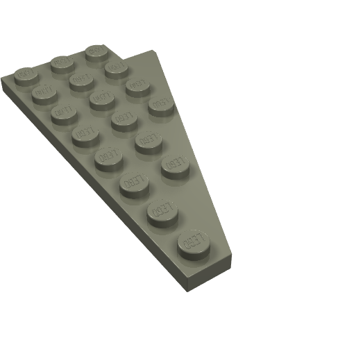 Grey LEGO Wedge Plate 8 x 4 Wing Left, featuring 18 visible studs on its surface.