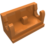 An orange LEGO Hinge Brick 1 x 2 Base (3937) from a slight angle, showing the inner central stud and curved hinge parts.