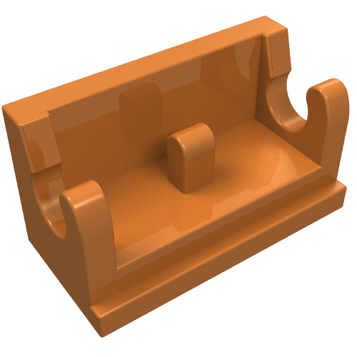 An orange LEGO Hinge Brick 1 x 2 Base (3937) from a slight angle, showing the inner central stud and curved hinge parts.