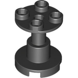 Black LEGO 3940b support stand, 2x2x2, with a round base, cylindrical shaft, and round top with four studs and a central hole.