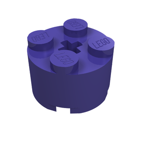 A single purple LEGO 3941 round 2x2 brick with 4 studs on top, featuring the LEGO logo on each, and a central axle hole.