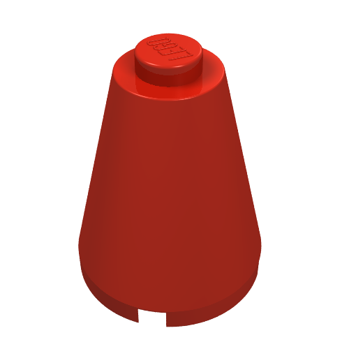 A red LEGO 2x2x2 cone brick with a solid stud on top, featuring the LEGO logo on the stud.