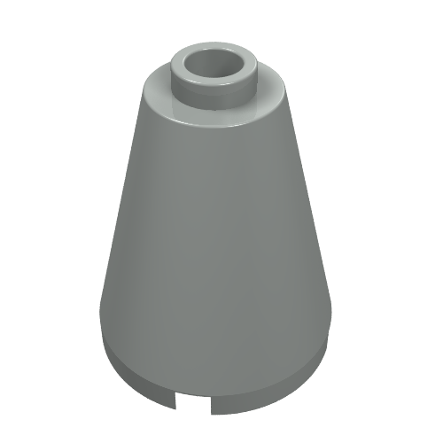 A grey LEGO Cone 2 x 2 x 2 with a blocked open stud, viewed from a slightly elevated angle.
