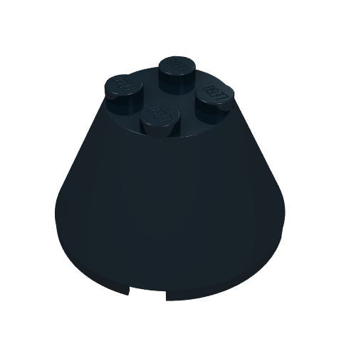Dark blue LEGO cone part 3943a, 4x4x2, without axle hole. Features four studs on top, each embossed with LEGO.