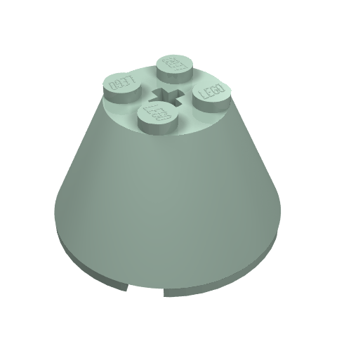 Light green LEGO cone 4x4x2 with four studs, a central cross axle hole, and notched base.