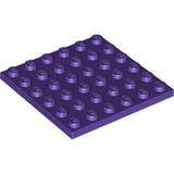 Purple LEGO 6x6 plate, part 3958, with 36 studs on top, angled view on white background.