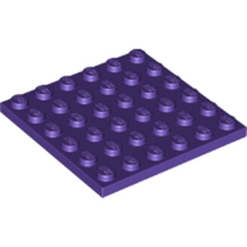 Purple LEGO 6x6 plate, part 3958, with 36 studs on top, angled view on white background.