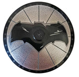 LEGO 3960pb035 inverted 4x4 radar dish with LEGO stud, black Batman logo on textured silver background with lines.