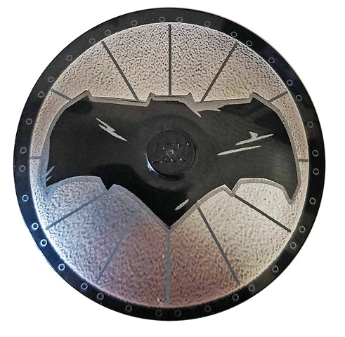 LEGO 3960pb035 inverted 4x4 radar dish with LEGO stud, black Batman logo on textured silver background with lines.