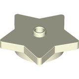 Tan LEGO Plate 39611, Round 4 x 4 x 2/3 with Star and Open Stud. Beige plastic brick from a slight top angle.