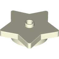 Tan LEGO Plate 39611, Round 4 x 4 x 2/3 with Star and Open Stud. Beige plastic brick from a slight top angle.