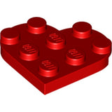 A single red LEGO heart plate, 3x3, with 8 studs, embossed with 'LEGO' on each, isolated on a white background.