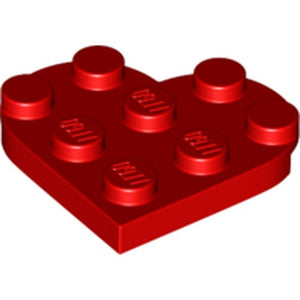 A single red LEGO heart plate, 3x3, with 8 studs, embossed with 'LEGO' on each, isolated on a white background.
