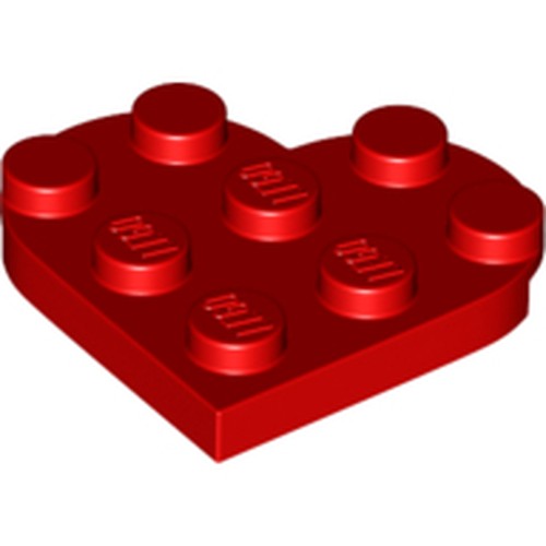 A single red LEGO heart plate, 3x3, with 8 studs, embossed with 'LEGO' on each, isolated on a white background.