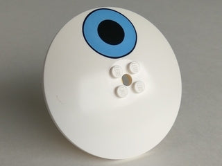 White LEGO 3961pb03 8x8 inverted radar dish with a medium blue and black eye pattern and five studs.