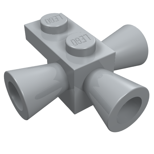 Light gray LEGO 1x1 modified brick with two studs on top and three conical extensions pointing outwards.