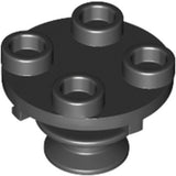 Dark grey LEGO round 2x2 thin plate with four studs on top and a rotation stem underneath.